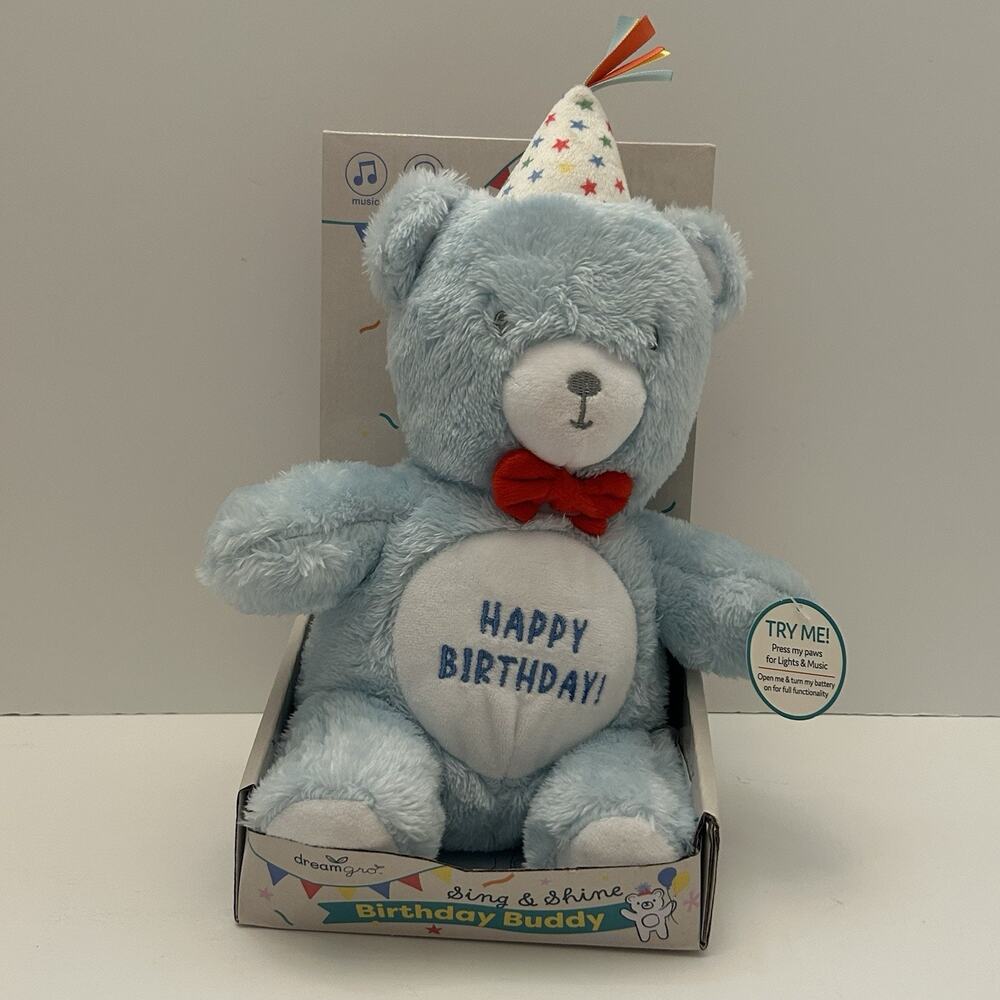 DreamGro Sing & Shine Blue Happy Birthday Bear Color Changing Light & Music NEW
